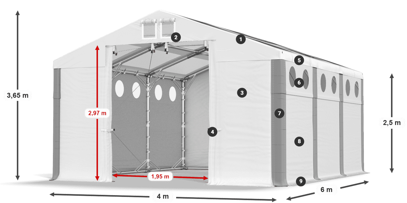 Tető: MS T 580 PVC Falak: MS O 580 PVC 2,5 m jelmagyarázat