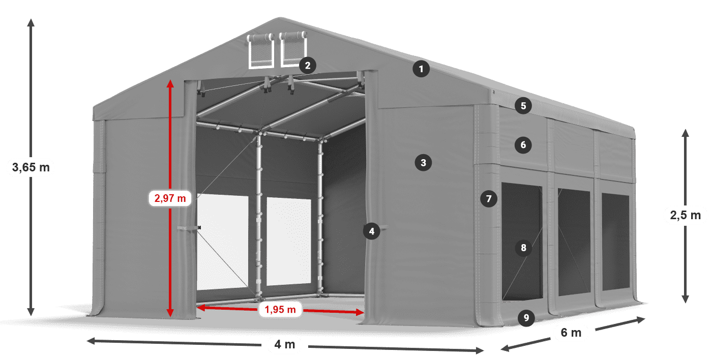 Tető: MS 580 PVC Falak: MS 580 PVC 2,5 m jelmagyarázat
