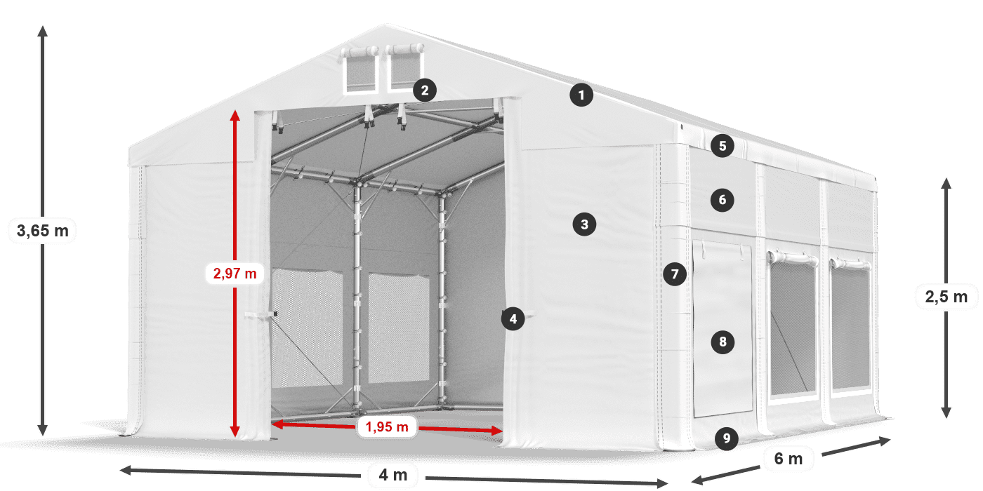 Tető: MS 580 PVC Falak: SD M 500 PVC 2,5 m jelmagyarázat