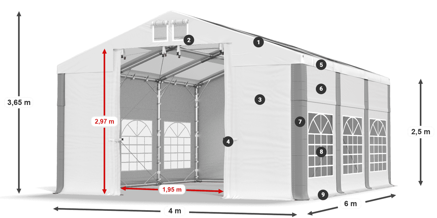 Tető: MS 580 PVC Falak: SD 500 PVC 2,5 m jelmagyarázat