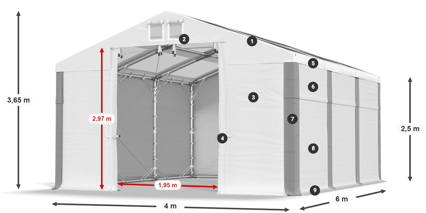 Tető: MS T 580 PVC Falak: SD 500 PVC 2,5 m jelmagyarázat