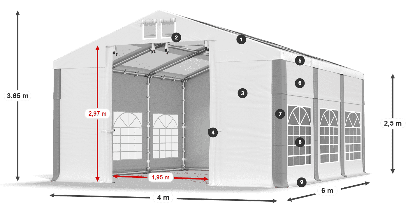 Tető: MS 580 PVC Falak: SD 500 PVC 2,5 m jelmagyarázat