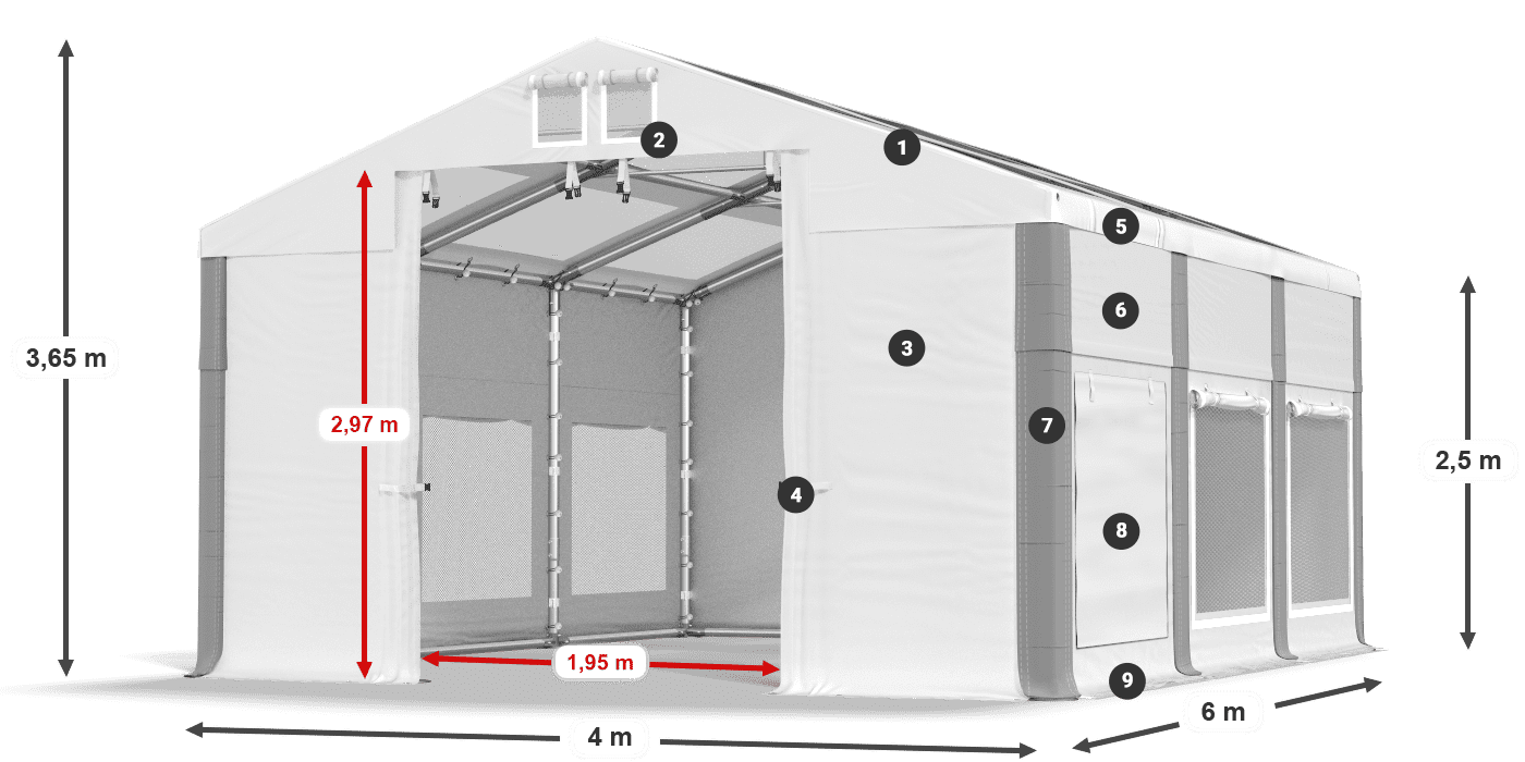 Tető: MS T 580 PVC Falak: SD M 500 PVC 2,5 m jelmagyarázat