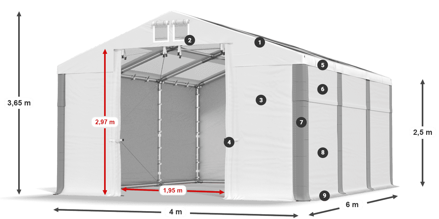 Tető: MS T 580 PVC Falak: SD 500 PVC 2,5 m jelmagyarázat