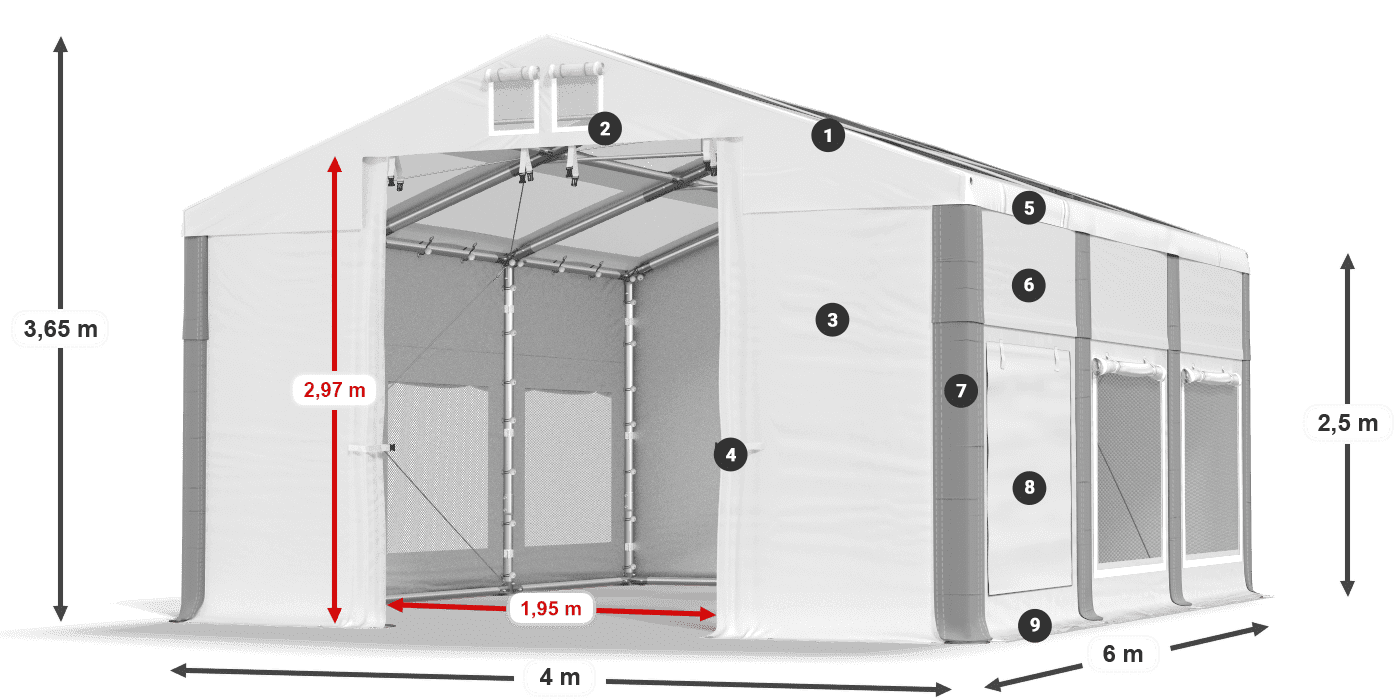 Tető: MS T 580 PVC Falak: SD M 500 PVC 2,5 m jelmagyarázat