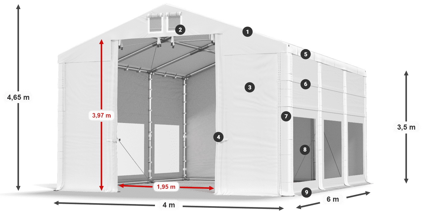 Tető: FR 620 PVC Falak: MS 580 PVC 3,5 m jelmagyarázat