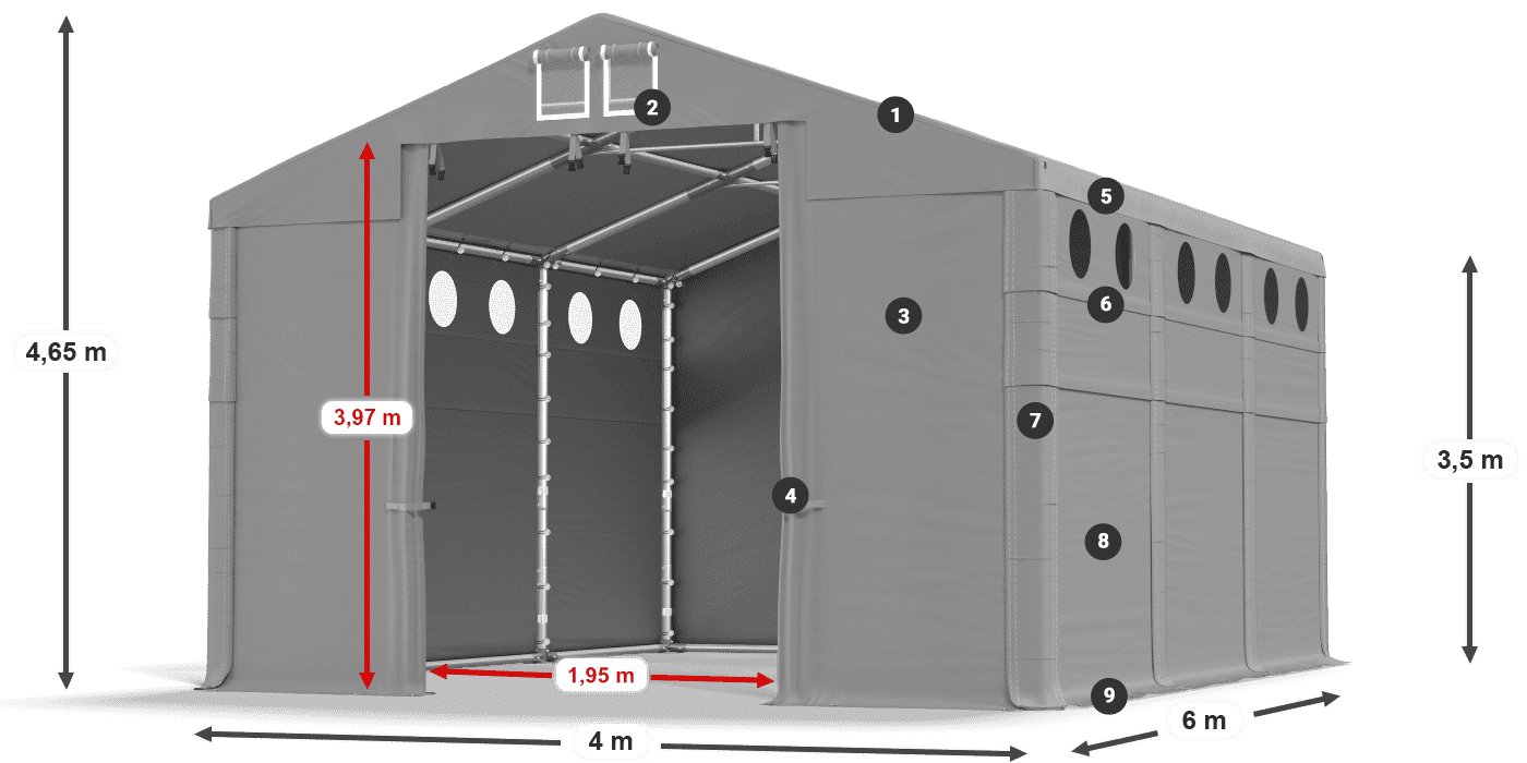 Tető: MS 580 PVC Falak: FR O 620 PVC 3,5 m jelmagyarázat
