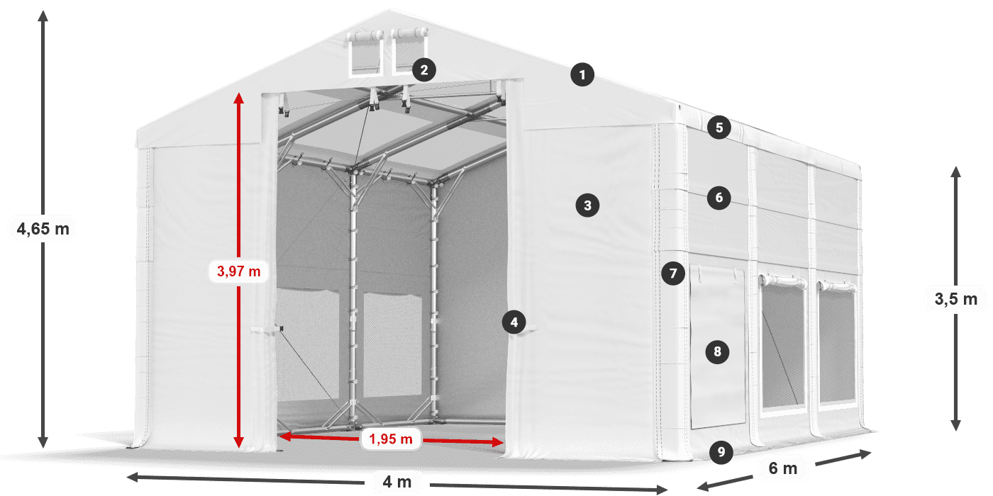 Tető: MS T 580 PVC Falak: SD M 500 PVC 2,5 m jelmagyarázat