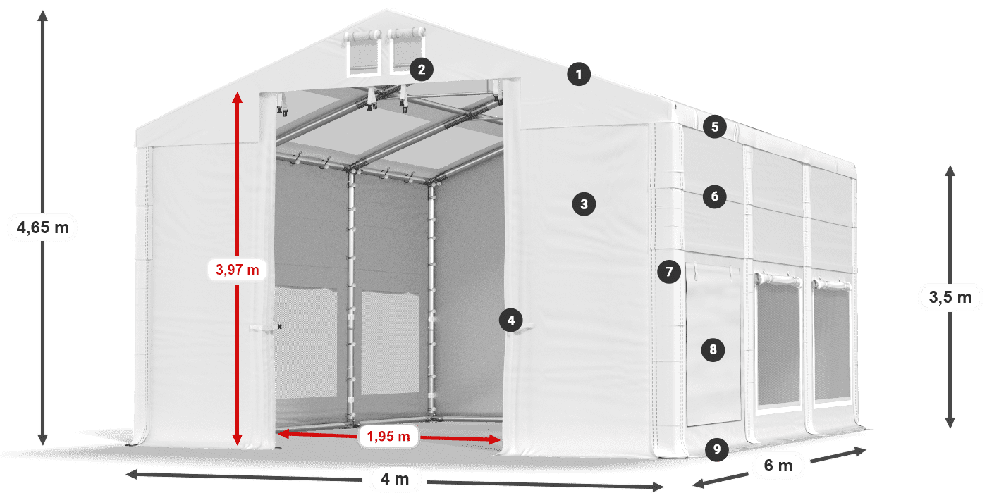 Tető: MS T 580 PVC Falak: SD M 500 PVC 2,5 m jelmagyarázat