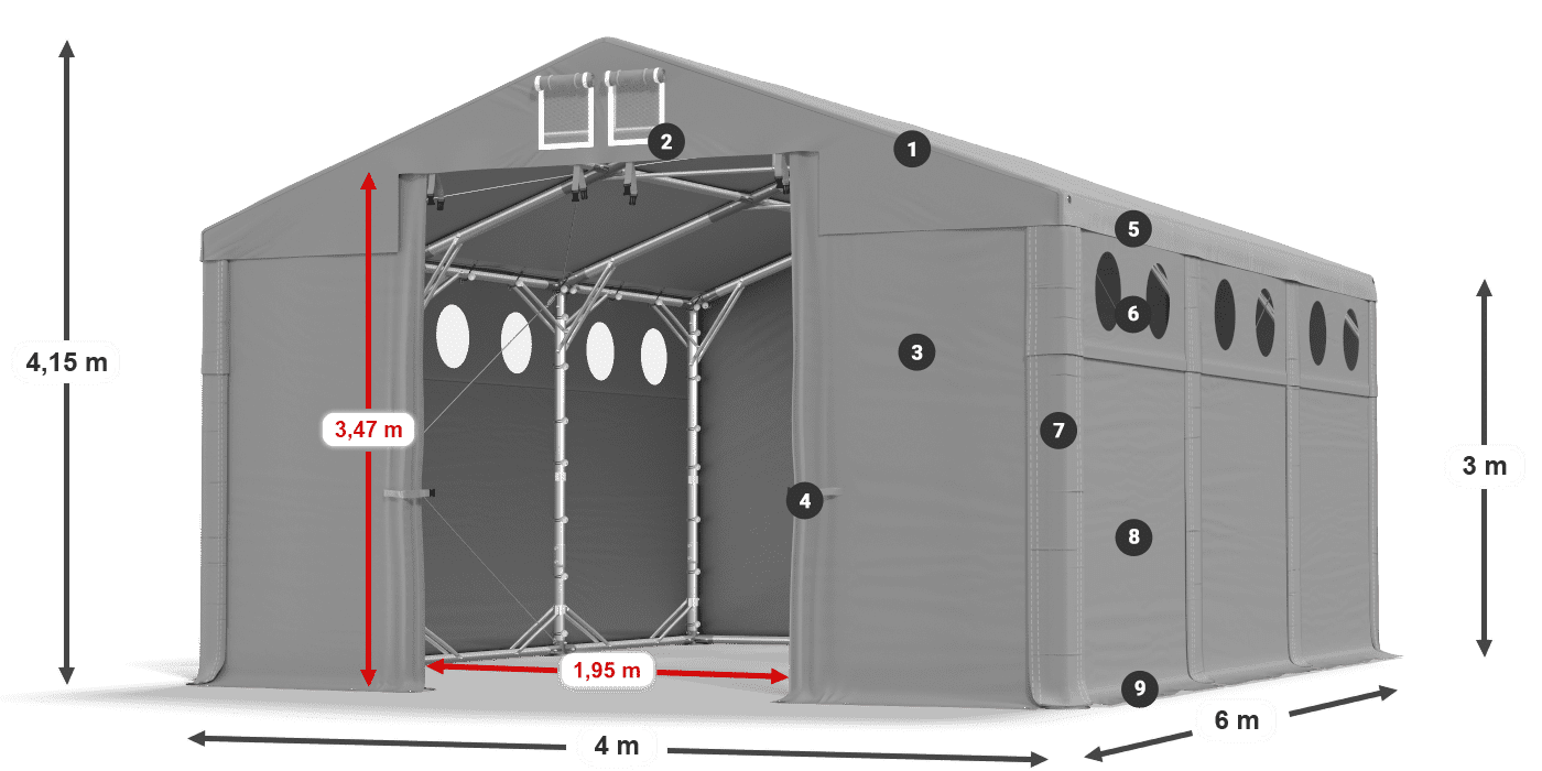 Tető: FR 620 PVC Falak: MS O 580 PVC 3 m jelmagyarázat