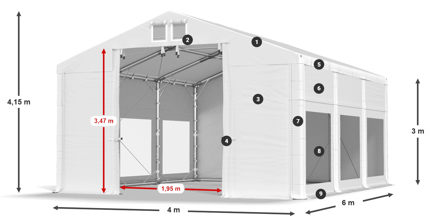 Tető: MS 580 PVC Falak: MS 580 PVC 3 m jelmagyarázat