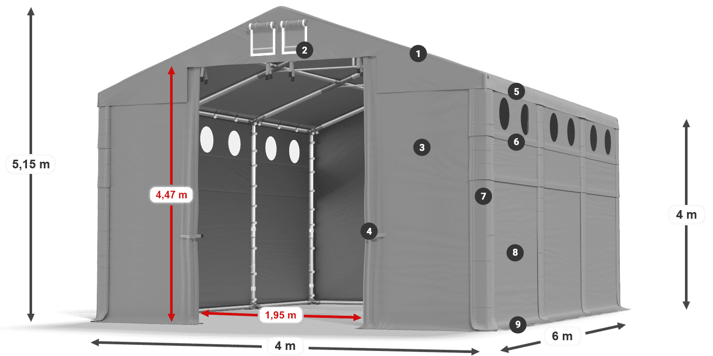 Tető: MS 580 PVC Falak: FR O 620 PVC 4 m jelmagyarázat