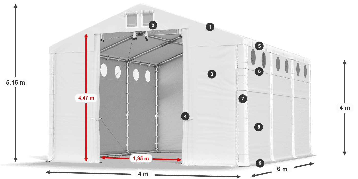 Tető: MS 580 PVC Falak: FR O 620 PVC 4 m jelmagyarázat