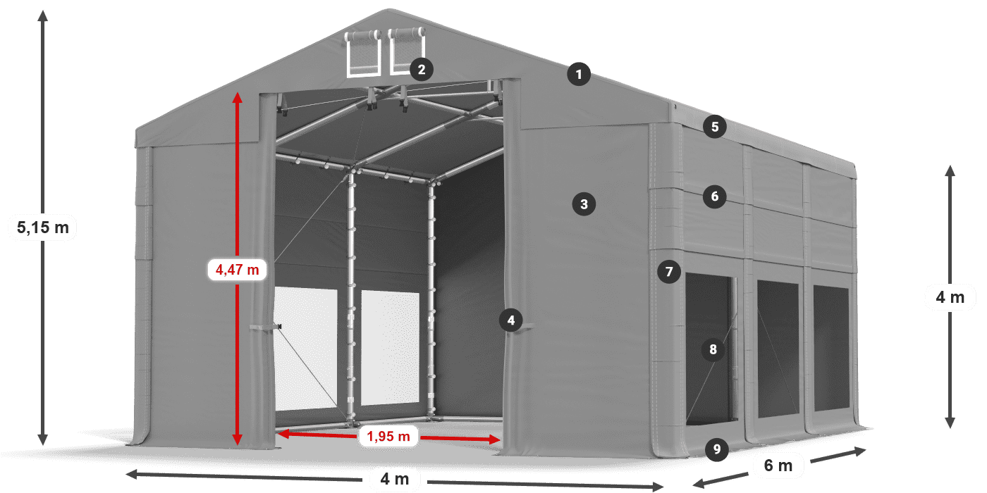 Tető: MS 580 PVC Falak: MS 580 PVC 4 m jelmagyarázat