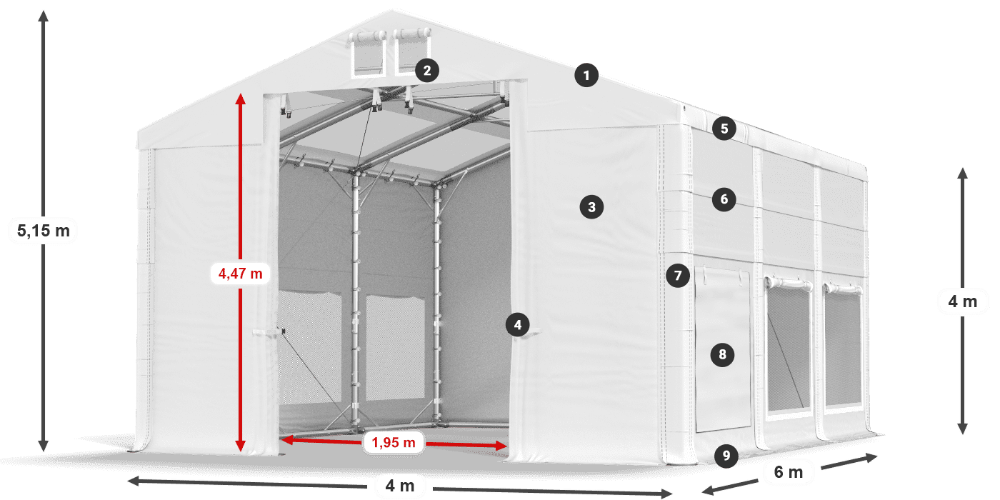 Tető: MS T 580 PVC Falak: SD M 500 PVC 4 m jelmagyarázat