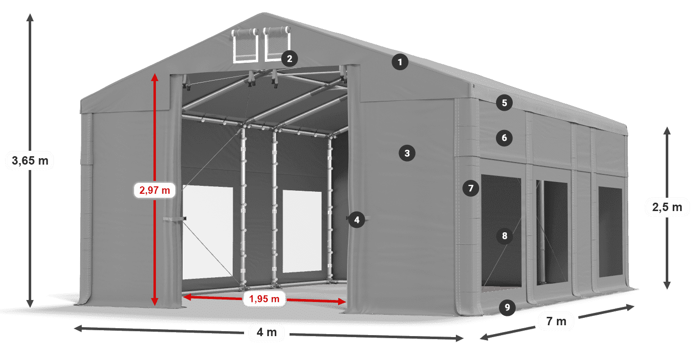 Tető: FR 620 PVC Falak: MS 580 PVC 2,5 m jelmagyarázat