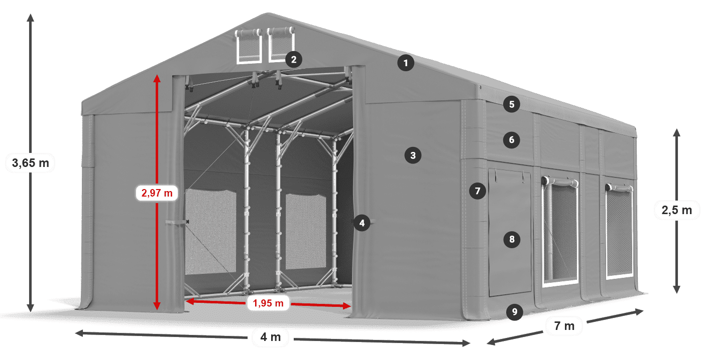 Tető: FR 620 PVC Falak: SD 500 PVC 2,5 m jelmagyarázat