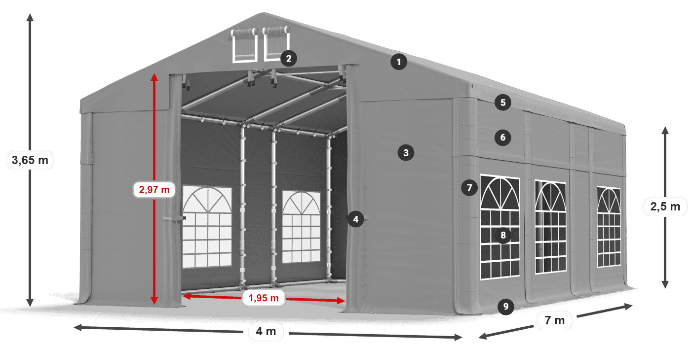 Tető: FR 620 PVC Falak: SD 500 PVC 2,5 m jelmagyarázat