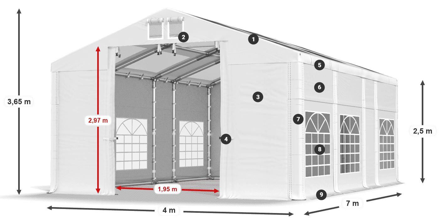 Tető: MS T 580 PVC Falak: FR 620 PVC 2,5 m jelmagyarázat