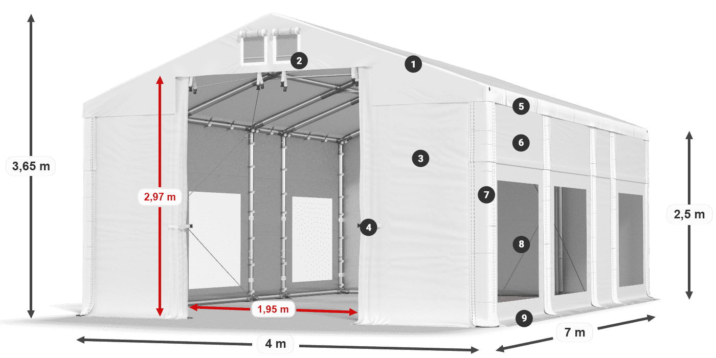 Tető: MS 580 PVC Falak: MS 580 PVC 2,5 m jelmagyarázat