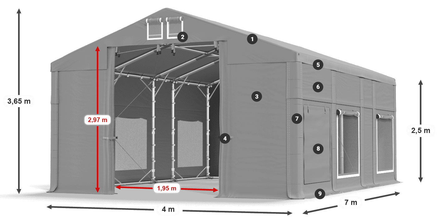 Tető: MS 580 PVC Falak: SD M 500 PVC 2,5 m jelmagyarázat