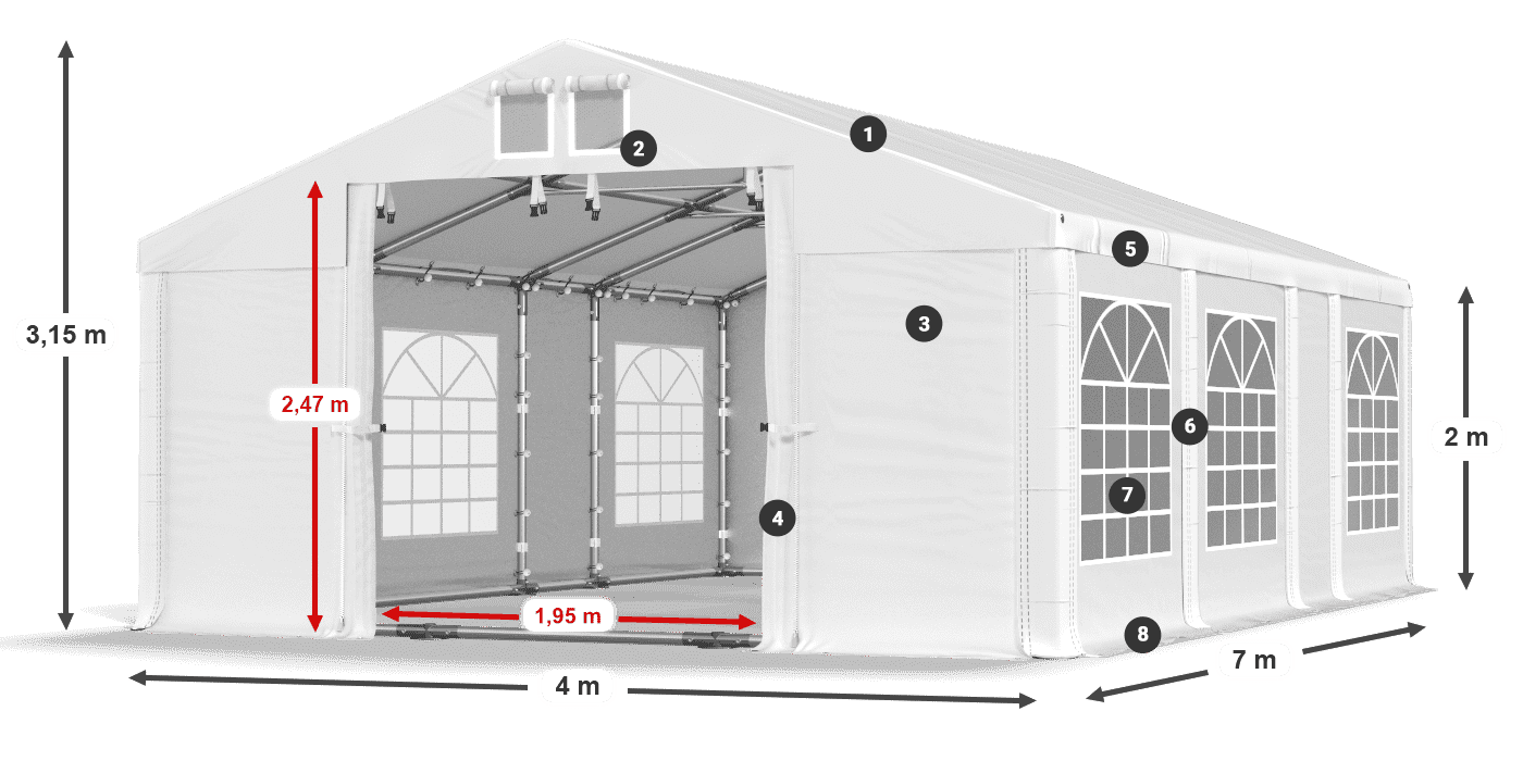 Tető: MS 580 PVC Falak: FR 620 PVC 2 m jelmagyarázat