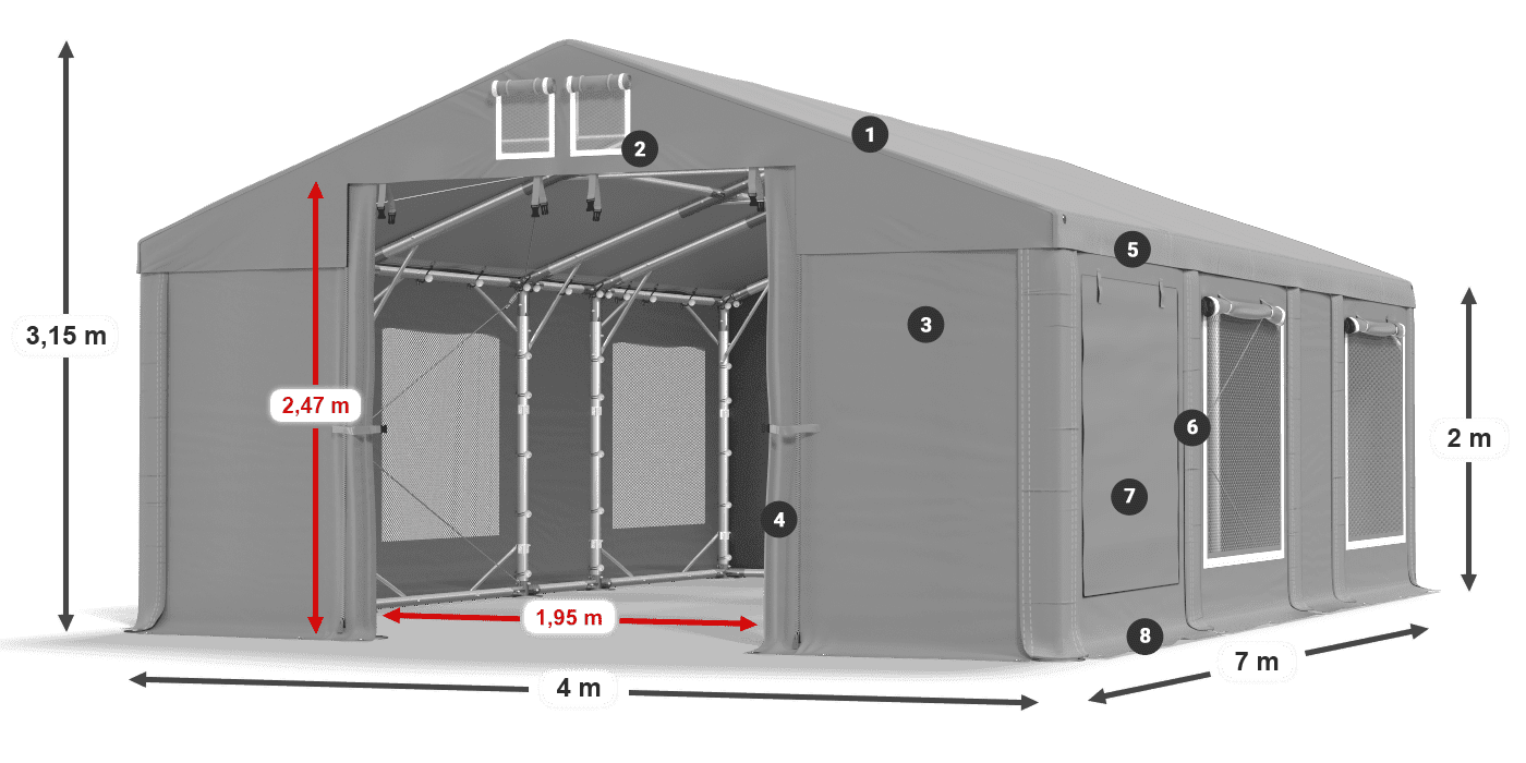 Tető: MS 580 PVC Falak: SD M 500 PVC 2 m jelmagyarázat