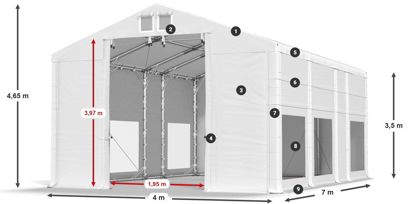 Tető: FR 620 PVC Falak: MS 580 PVC 3,5 m jelmagyarázat