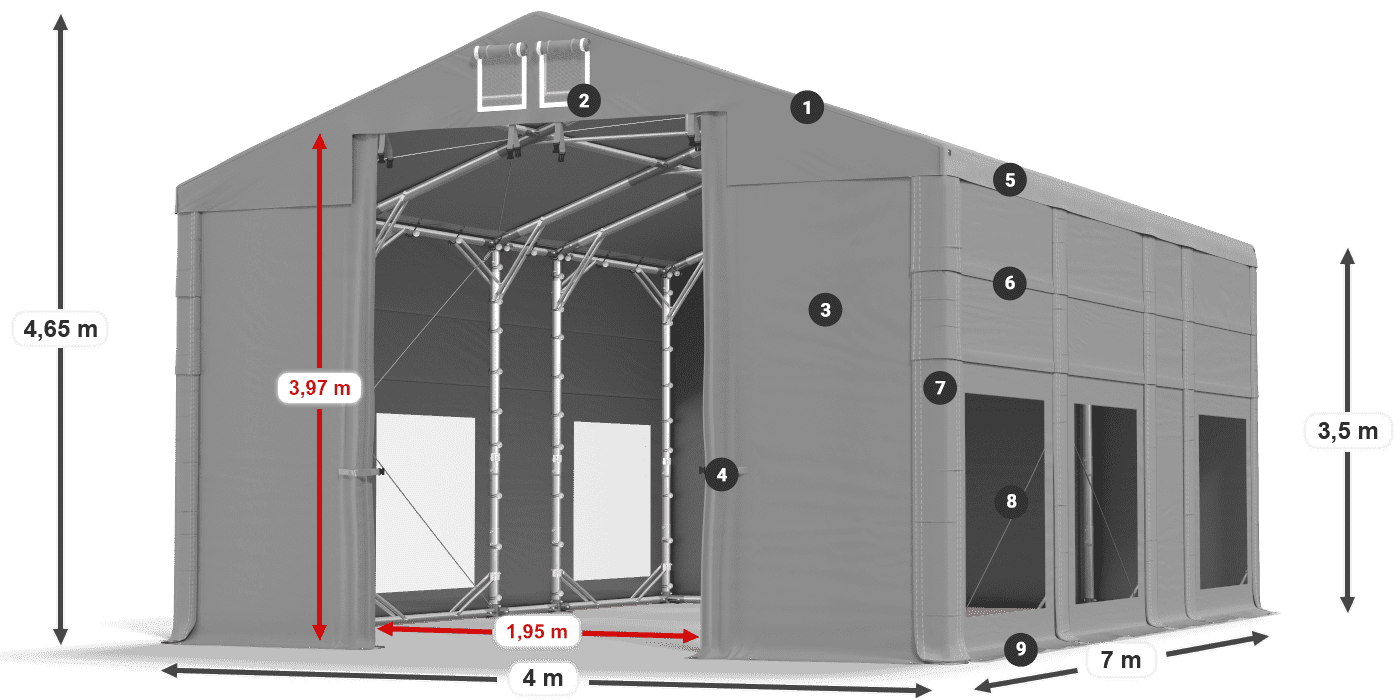 Tető: FR 620 PVC Falak: MS 580 PVC 3,5 m jelmagyarázat
