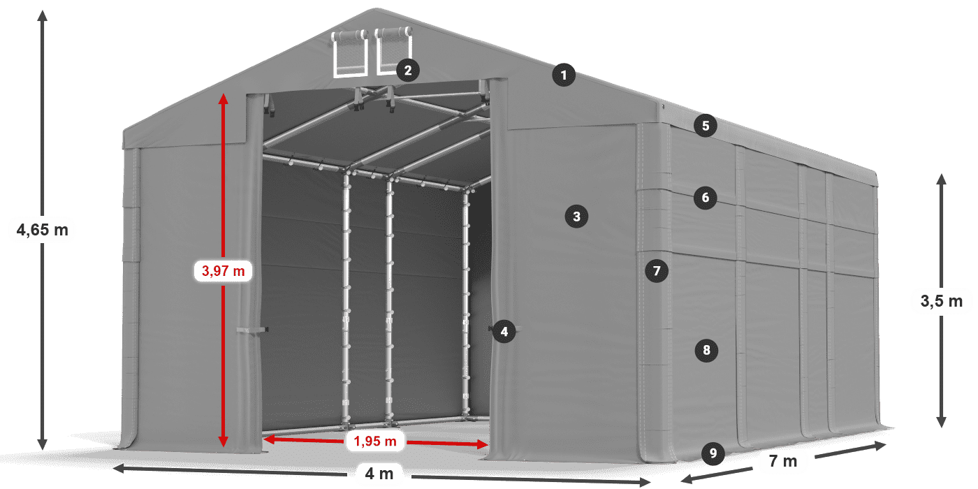 Tető: FR 620 PVC Falak: MS 580 PVC 3,5 m jelmagyarázat