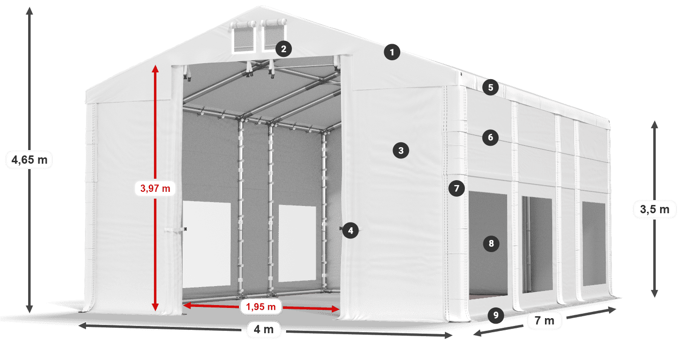 Tető: FR 620 PVC Falak: MS 580 PVC 3,5 m jelmagyarázat