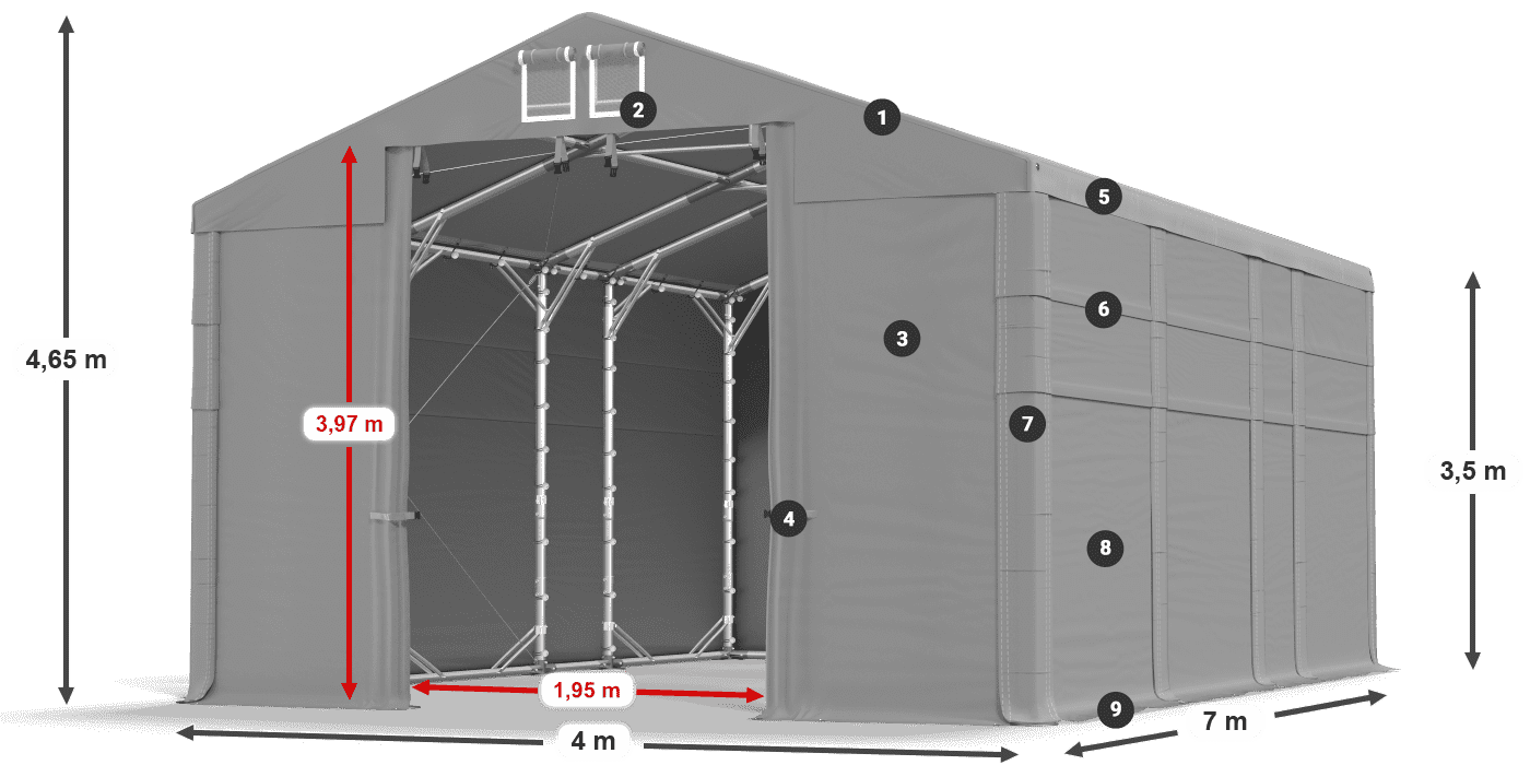 Tető: MS 580 PVC Falak: FR 620 PVC 2,5 m jelmagyarázat