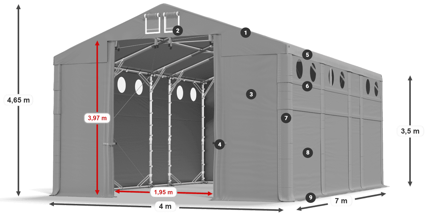 Tető: MS 580 PVC Falak: FR O 620 PVC 3,5 m jelmagyarázat