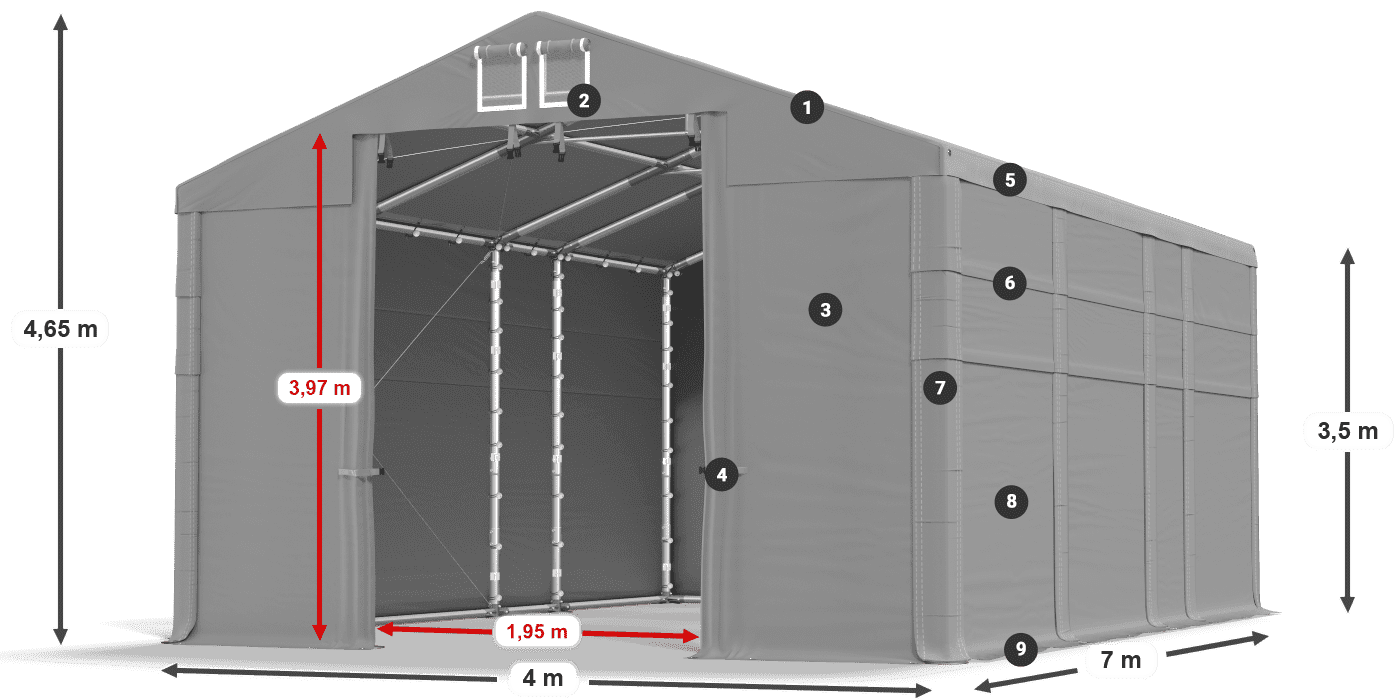 Tető: MS 580 PVC Falak: FR 620 PVC 2,5 m jelmagyarázat