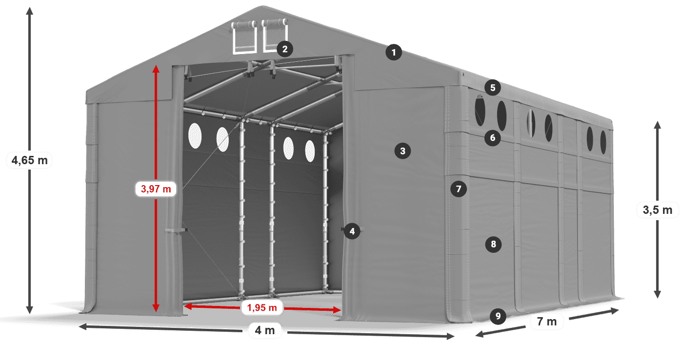 Tető: MS 580 PVC Falak: FR O 620 PVC 3,5 m jelmagyarázat