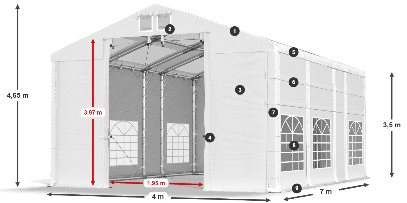 Tető: MS T 580 PVC Falak: SD 500 I PVC 3,5 m jelmagyarázat