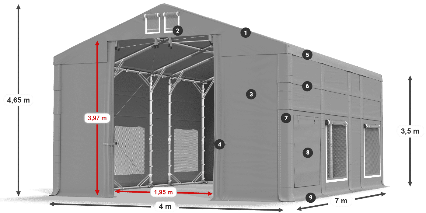 Tető: MS 580 PVC Falak: SD M 500 PVC 3,5 m jelmagyarázat