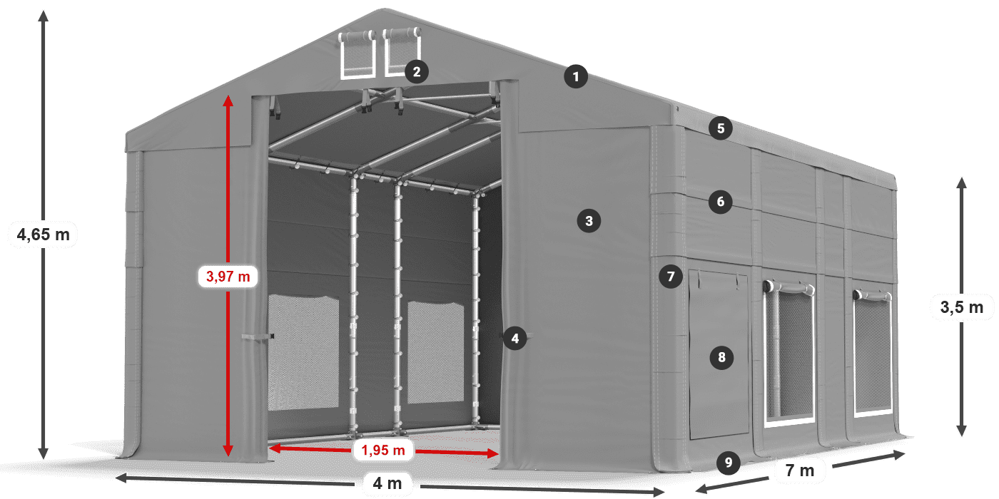 Tető: MS 580 PVC Falak: SD M 500 PVC 3,5 m jelmagyarázat