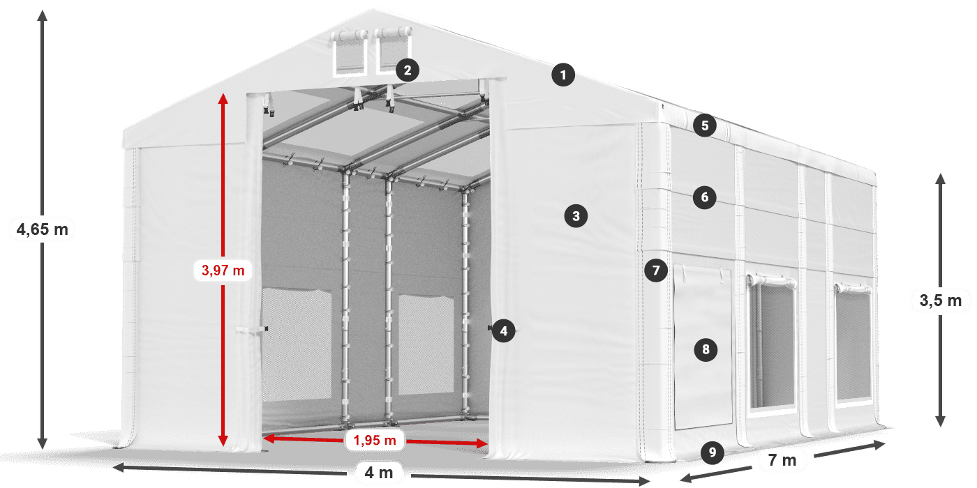 Tető: MS T 580 PVC Falak: SD M 500 PVC 2,5 m jelmagyarázat