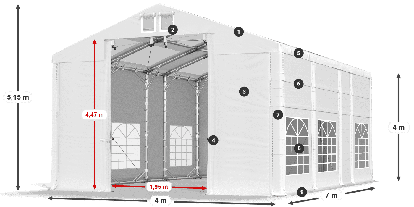 Tető: MS T 580 PVC Falak: FR 620 PVC 4 m jelmagyarázat