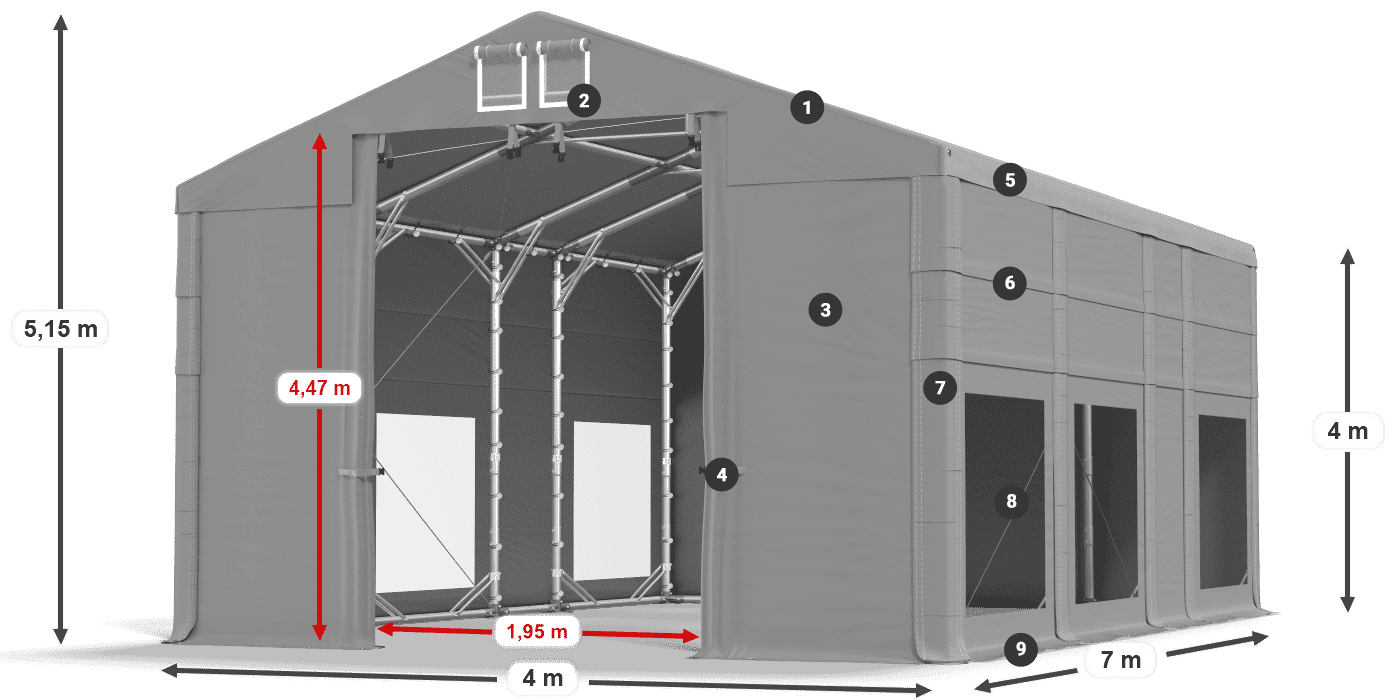 Tető: MS 580 PVC Falak: MS 580 PVC 4 m jelmagyarázat