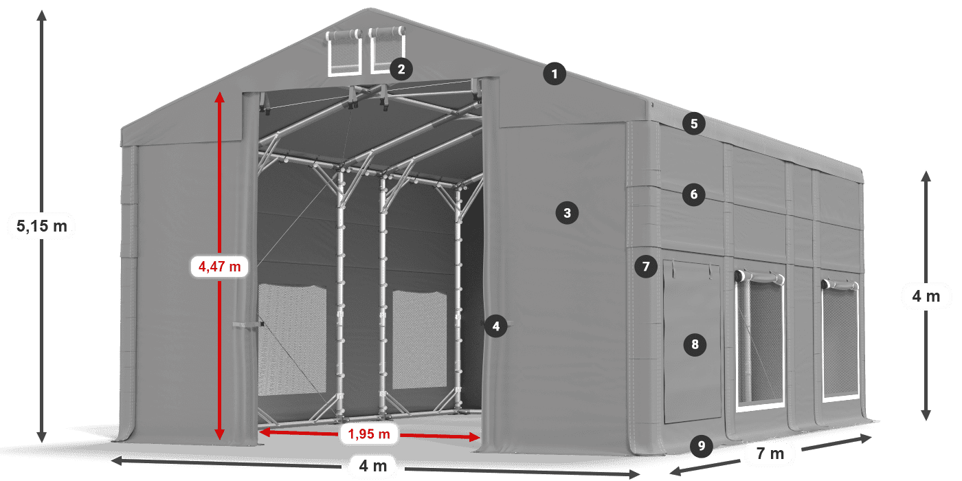 Tető: MS 580 PVC Falak: SD M 500 PVC 4 m jelmagyarázat