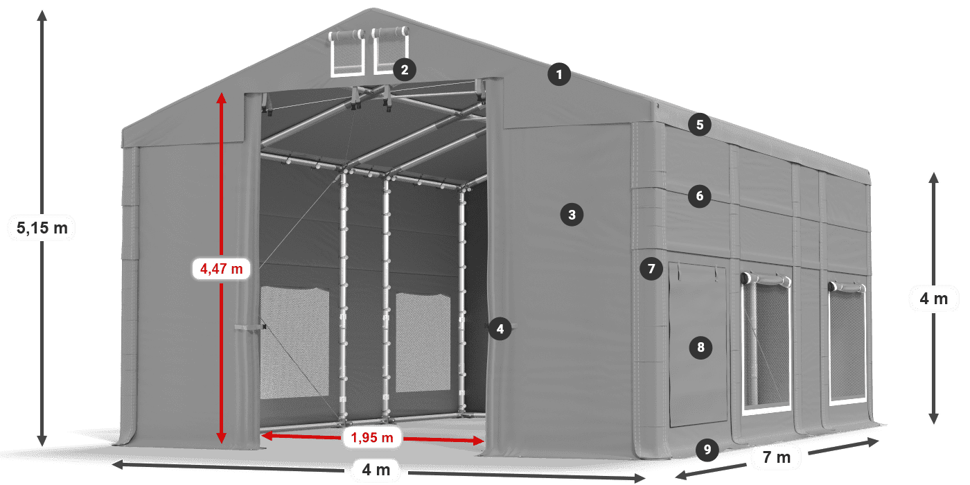 Tető: MS 580 PVC Falak: SD M 500 PVC 4 m jelmagyarázat