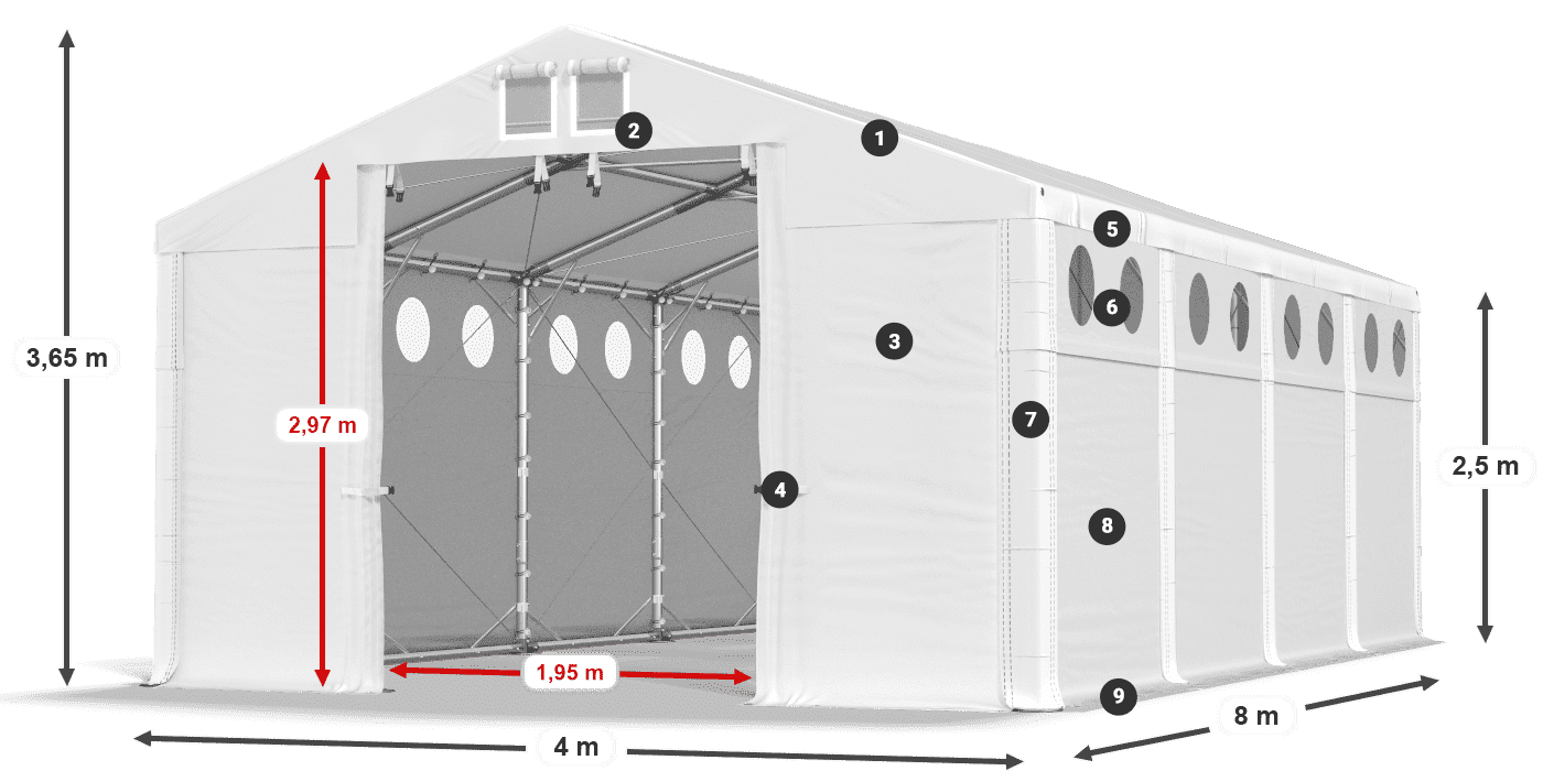 Tető: MS 580 PVC Falak: FR O 620 PVC 2,5 m jelmagyarázat