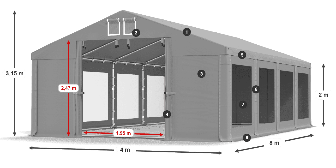 Tető: FR 620 PVC Falak: MS 580 PVC 2 m jelmagyarázat