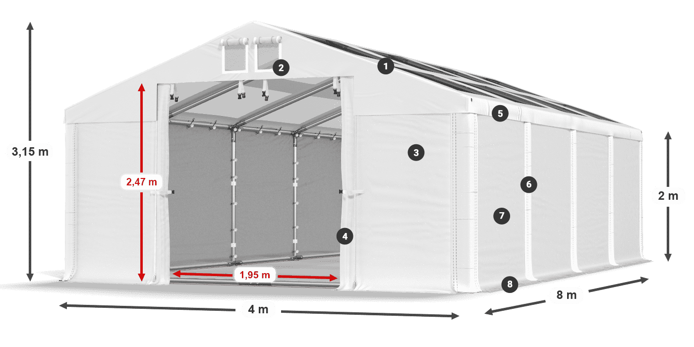 Tető: MS T 580 PVC Falak: FR 620 PVC 2 m jelmagyarázat
