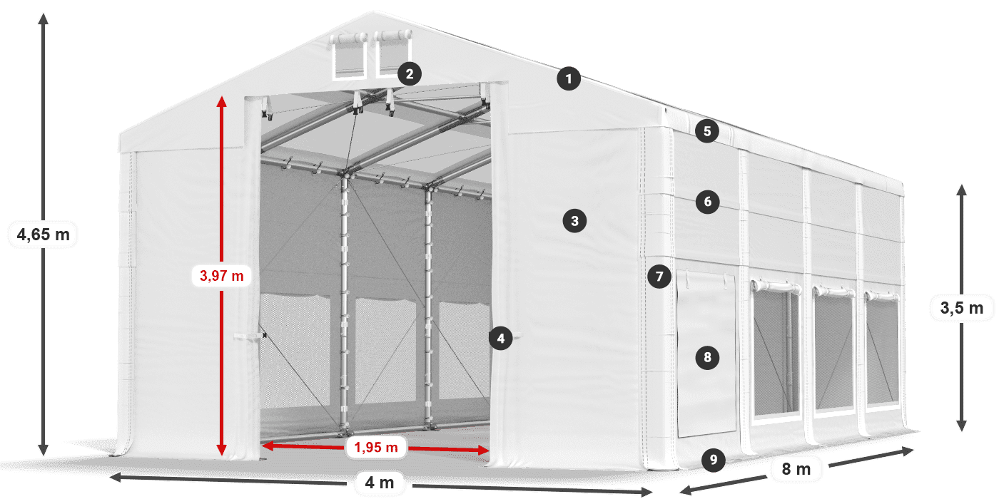 Tető: MS T 580 PVC Falak: SD M 500 PVC 2,5 m jelmagyarázat