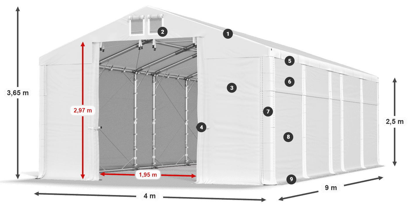 Tető: FR 620 PVC Falak: MS 580 PVC 2,5 m jelmagyarázat
