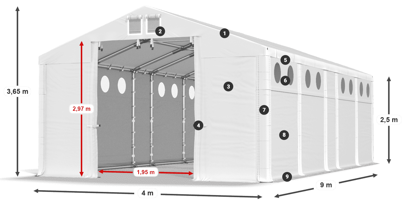 Tető: FR 620 PVC Falak: MS O 580 PVC 2,5 m jelmagyarázat