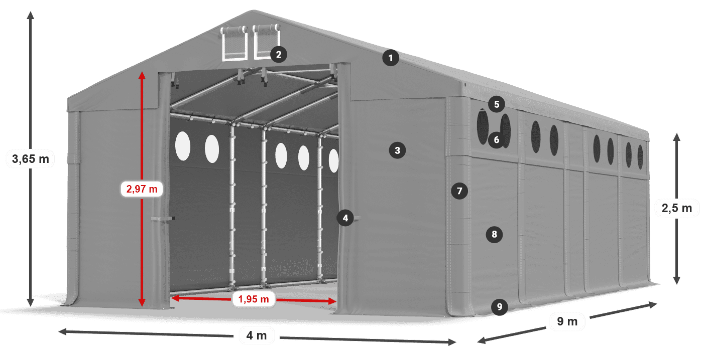Tető: FR 620 PVC Falak: MS O 580 PVC 2,5 m jelmagyarázat